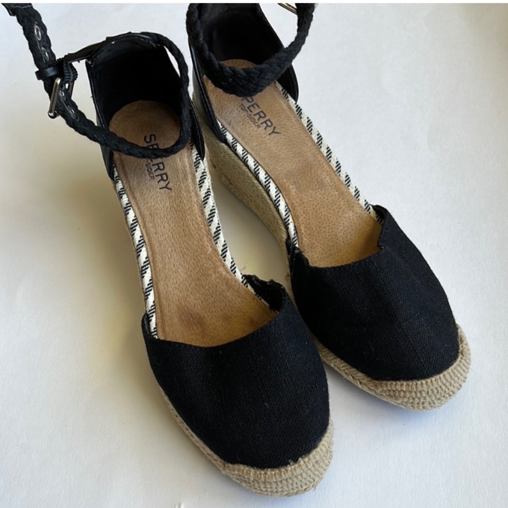Sperry Black Espadrille Wedge Sandals Braided Strap Size 8.5 Summer